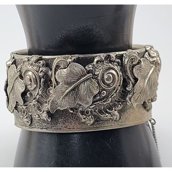 Victorian Revival Wide Hinged Bangle Bracelet Silver Tone Acanthus & Grape Leaf